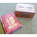 WOODEN MONEY BOX. Wooden money box including coin contents