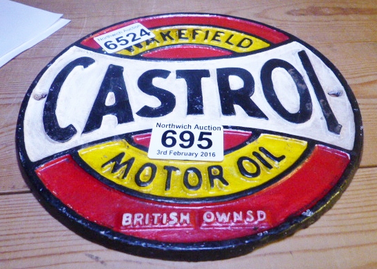 CAST IRON CASTROL SIGN. Cast iron Castrol sign, D ~ 20cm