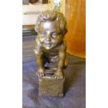 BRONZE FIGURE. Bronze child on stool H ~ 45cm
