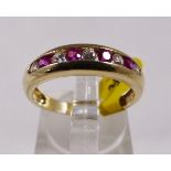 14CT HALF ETERNITY RING. 14ct gold red and white stone half eternity ring, size N/O