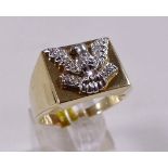 9CT DIAMOND SIGNET RING. 9ct gold gents diamond set eagle signet ring, size V