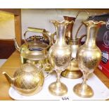 BRASSWARE. Tray of brassware including vases and teapot