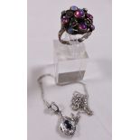 SILVER RING AND PENDANT. Sterling silver multi coloured stone ring and 925 silver marcasite black