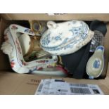 Assorted items including blue and white ceramics and glassware