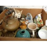 Box of ceramics and brass