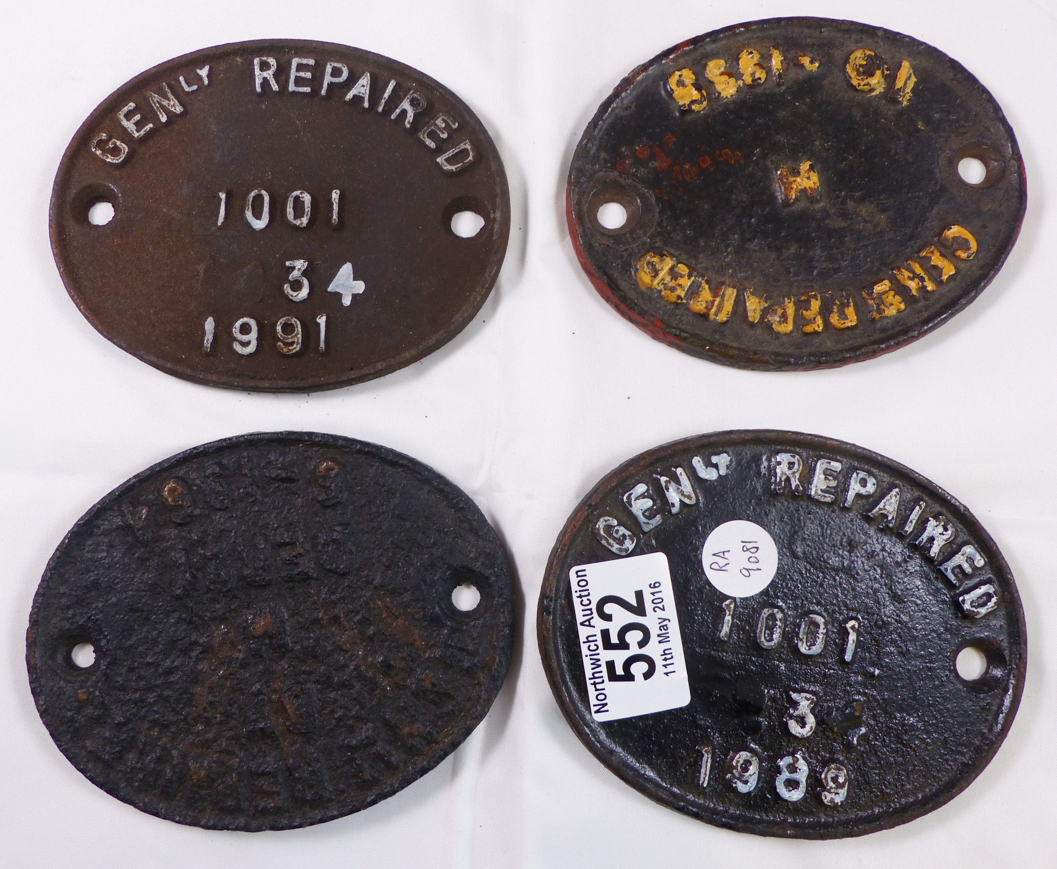 FOUR RAILWAY REPAIR PLATES. Four cast iron railway repair plates, 10 x 13cm