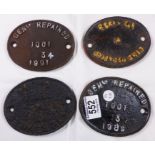 FOUR RAILWAY REPAIR PLATES. Four cast iron railway repair plates, 10 x 13cm