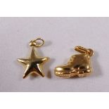 9CT GOLD CHARMS. Two 9ct gold charms, one star and one boot