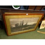 PRINT. Light oak framed and glazed print depicting country scene 105 x 72cm and one other