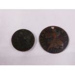 COINS. 1730 George II halfpenny (holed) and an 1825 farthing
