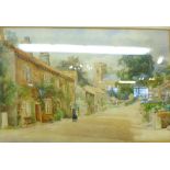 RILEY WATERCOLOUR. Gilt framed and glazed watercolour of village street scene, signed P G Riley,