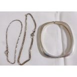 SILVER BANGLE AND CHAINS. 925 marked silver bangle and two mixed silver chains, 17g