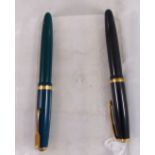 PARKER PENS. Two Parker fountain pens with 14ct gold nibs including Duofold model