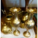 BRASSWARE. Tray of brassware including vases and teapot