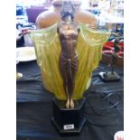 ART DECO STYLE LAMP. Art Deco style lady lamp with green glass cloak, H ~ 49cm