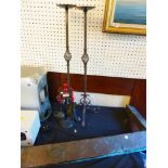 COPPER FIRE SURROUND ETC. Companion set, pair of candle holders and copper fire surround