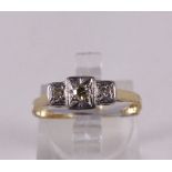 9CT AND PLATINUM RING. 9ct gold and platinum three diamond antique ring, size M