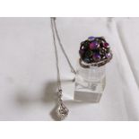 SILVER RING AND PENDANT. Sterling silver multi coloured stone ring and 925 silver marcasite black