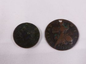 COINS. 1730 George II halfpenny (holed) and an 1825 farthing