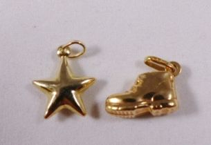 9CT GOLD CHARMS. Two 9ct gold charms, one star and one boot