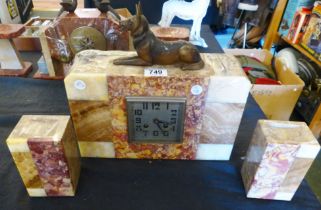 MARBLE CLOCK GARNITURE. Marble chiming French clock garniture with square face and Alsation figure