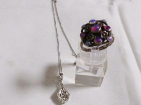 SILVER RING AND PENDANT. Sterling silver multi coloured stone ring and 925 silver marcasite black