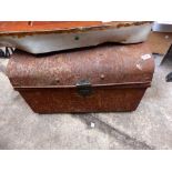 Tin luggage box with vintage tool contents
