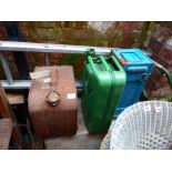 Two vintage petrol cans, metal tool box and set of chimney sweeps brushes