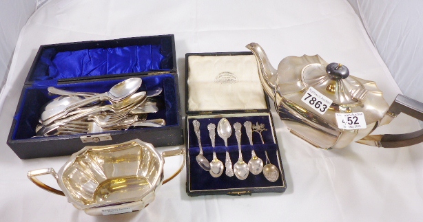 SILVER PLATED ITEMS. Silver plated tea pot, sugar bowl, quality flatware and spoons