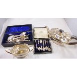 SILVER PLATED ITEMS. Silver plated tea pot, sugar bowl, quality flatware and spoons