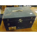 TRAVEL TRUNK. Metal bound travel trunk by J Milford of Bath, 51 x 35 x 33cm