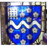 STAINED GLASS WINDOW. Lead stained glass window featuring port cullis and ten white roses