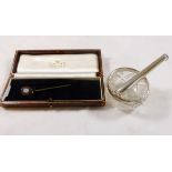 SILVER ITEMS. Silver cigarette case and holder, marks rubbed and a silver rimmed cut glass open