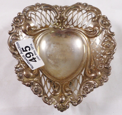 SILVER BON BON DISH. Hallmarked silver pierced bonbon dish with inscription, London 1894