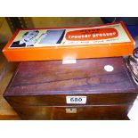 OAK BOX AND COLLECTABLE CONTENTS. Antique oak box with mother of pearl inlay and collectable