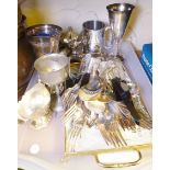 MIXED SILVERPLATE. Tray of mixed silver plated items including flatware