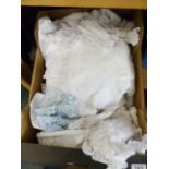 LINEN & LACE. Box of assorted vintage linen and lace