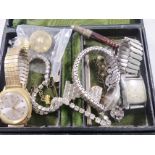 MIXED JEWELLERY. Box of mixed jewellery including two mechanical gents wristwatches