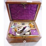 SEWING BOX AND CONTENTS. Inlaid sewing box containing assortment of sewing items