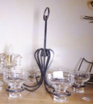 WROUGHT IRON CANDLE FITTING. Wrought iron ceiling candle fitting with six glass candleholders