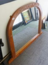 PINE MIRROR. Large carved stained pine overmantle mirror