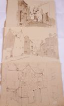 L S LOWRY DRAWINGS. Three unauthenticated L S Lowry signed pencil drawings