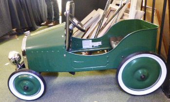 TIN PLATE PEDAL CAR. Green tin plate pedal car