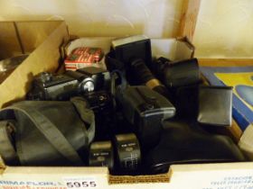 ASSORTED CAMERAS. Box of assorted cameras and accessories including Nikon D50