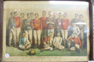 FOOTBALLERS PRINT. Oak framed and glazed print of famous English footballers 1881, 41 x 53cm