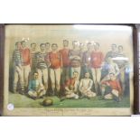FOOTBALLERS PRINT. Oak framed and glazed print of famous English footballers 1881, 41 x 53cm