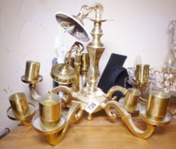 BRASS LAMPS. Two brass ceiling lamps, one three branched and the other five branched