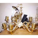 BRASS LAMPS. Two brass ceiling lamps, one three branched and the other five branched