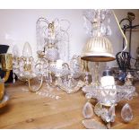 BRASS CHANDELIERS. Two brass and crystal drop chandeliers