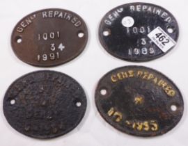 FOUR RAILWAY REPAIR PLATES. Four cast iron railway repair plates, 10 x 13cm